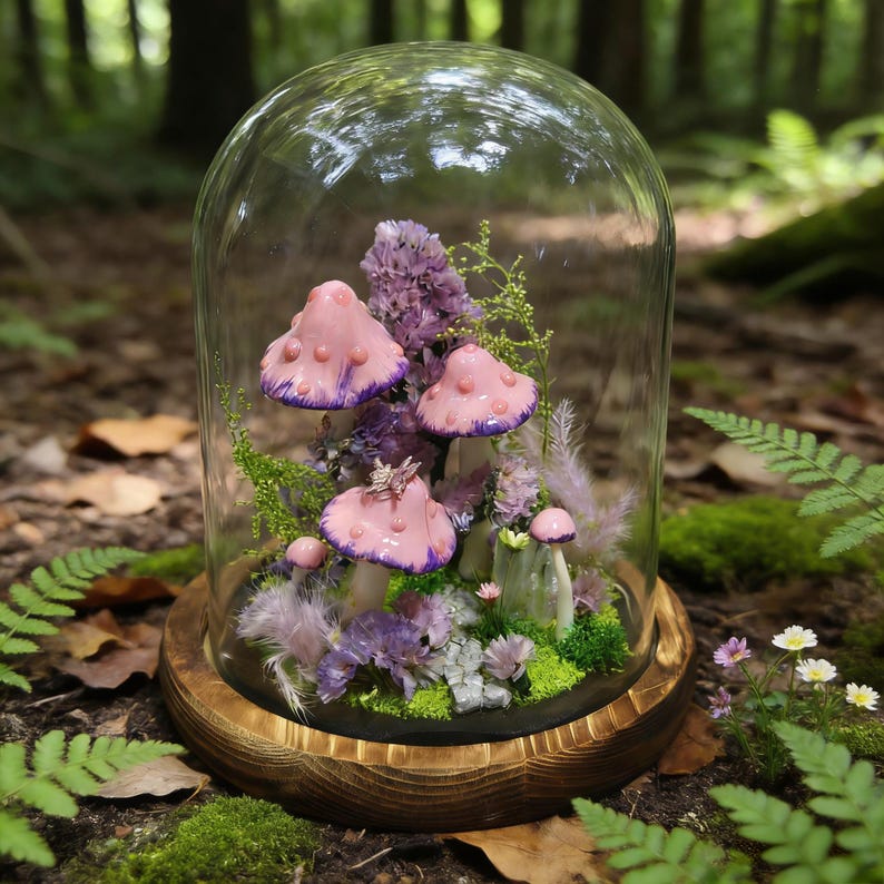 Mushroom Lamp with Crystal, Pink LED Night Light, 6.3 in Height, 3.94 in Diameter, Matte Shade, 2200K Warm White, Home Decor