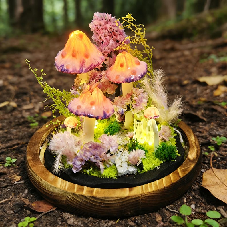 Mushroom Lamp with Crystal, Pink LED Night Light, 6.3 in Height, 3.94 in Diameter, Matte Shade, 2200K Warm White, Home Decor