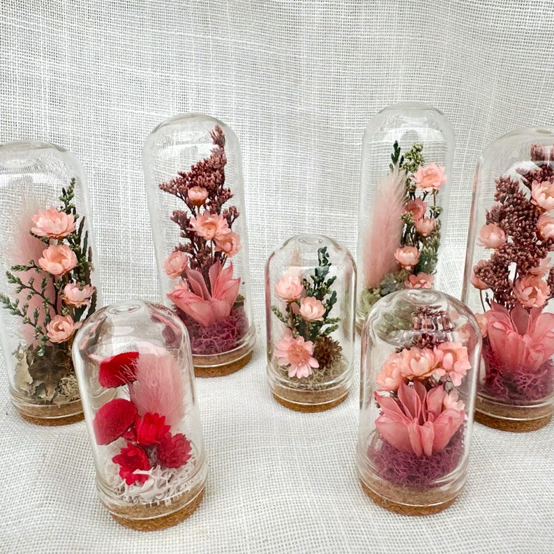 Dried Floral Glass Terrarium with Cork, Real Moss and Lichen, 1.75 in or 2.75 in Tall, No Watering Needed