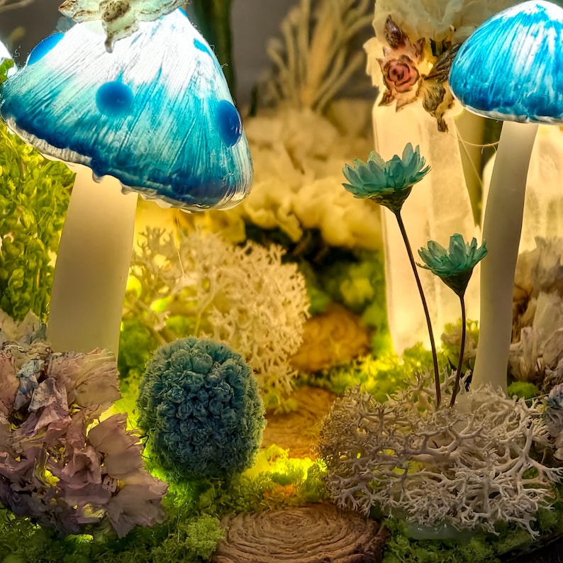 Blue Mushroom Lamp LED Desk Light 6.3in Height Matte Lampshade 2200K Warm White for Bedside Table Bookshelf Home Decor