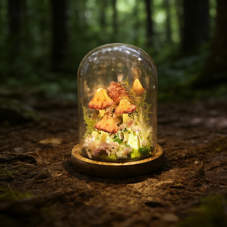 Mushroom Lamp with Crystal, Pink LED Night Light, 6.3 in Height, 3.94 in Diameter, Matte Shade, 2200K Warm White, Home Decor