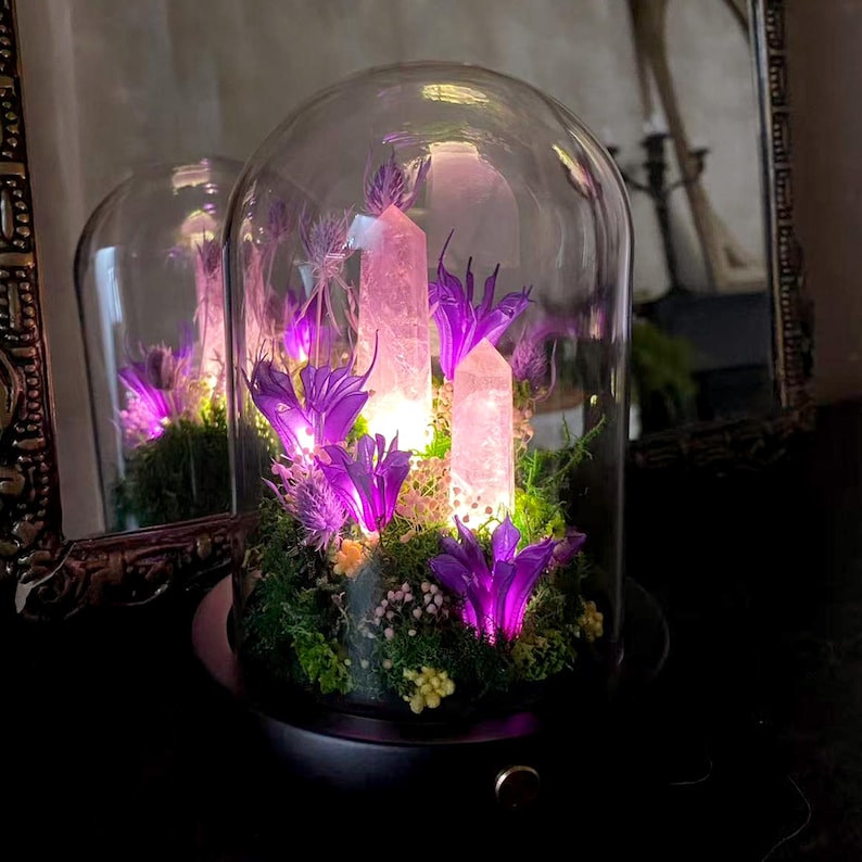 Amethyst Crystal Night Light with Purple Flower Lamp and Glowing Crystal Tower, Handmade Table Lamp for Home Decor
