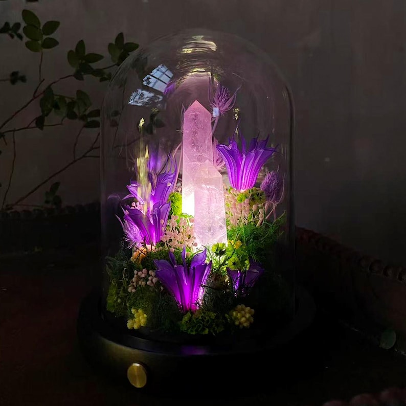 Amethyst Crystal Night Light with Purple Flower Lamp and Glowing Crystal Tower, Handmade Table Lamp for Home Decor
