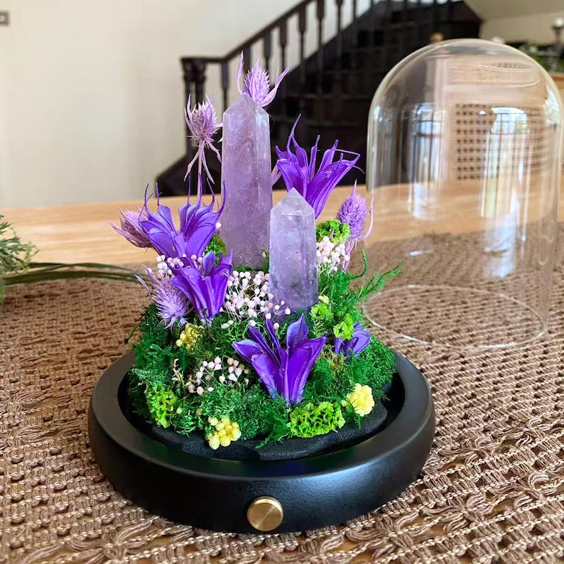 Amethyst Crystal Night Light with Purple Flower Lamp and Glowing Crystal Tower, Handmade Table Lamp for Home Decor
