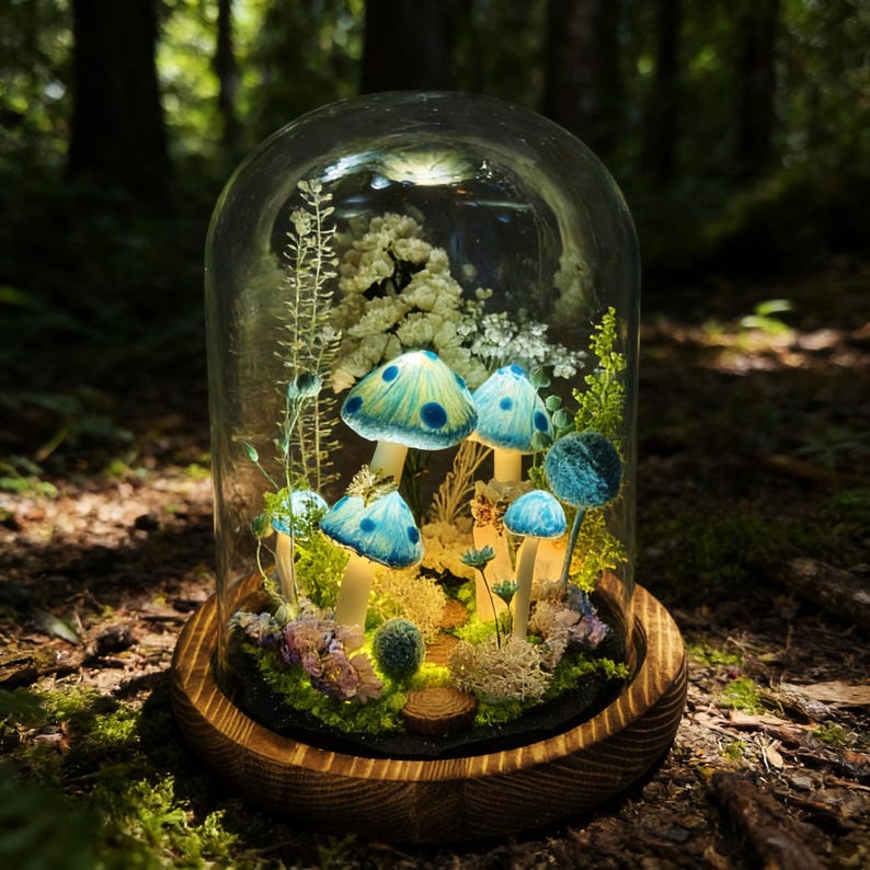 Blue Mushroom Lamp LED Desk Light 6.3in Height Matte Lampshade 2200K Warm White for Bedside Table Bookshelf Home Decor