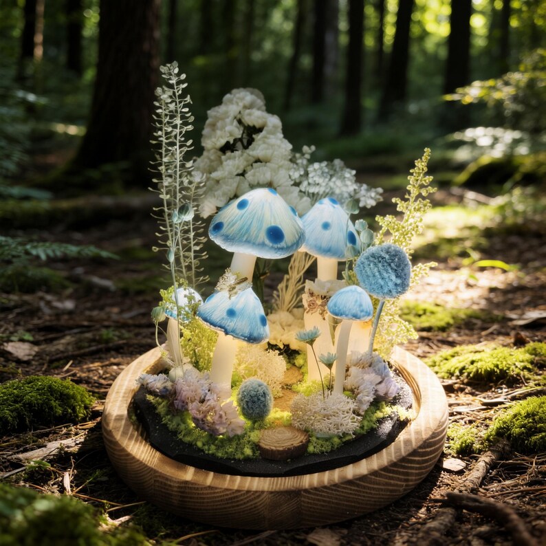 Blue Mushroom Lamp LED Desk Light 6.3in Height Matte Lampshade 2200K Warm White for Bedside Table Bookshelf Home Decor
