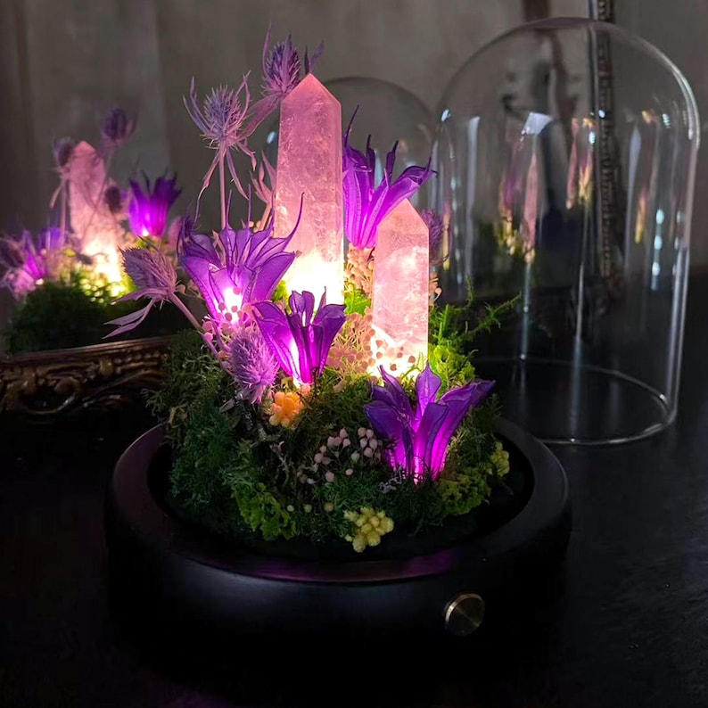 Amethyst Crystal Night Light with Purple Flower Lamp and Glowing Crystal Tower, Handmade Table Lamp for Home Decor