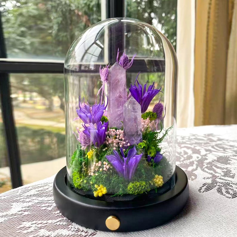 Amethyst Crystal Night Light with Purple Flower Lamp and Glowing Crystal Tower, Handmade Table Lamp for Home Decor