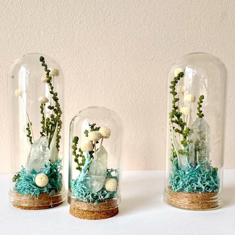 Glass Terrarium with Dried Florals and Quartz Crystal, 1.75" and 2.75" Sizes