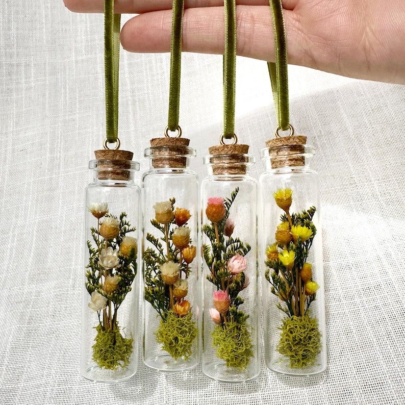 Mushroom Terrarium Glass Christmas Ornament with Real Dried Florals and Mosses
