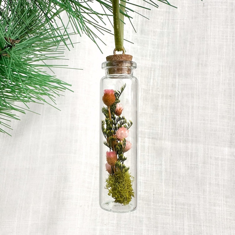 Mushroom Terrarium Glass Christmas Ornament with Real Dried Florals and Mosses