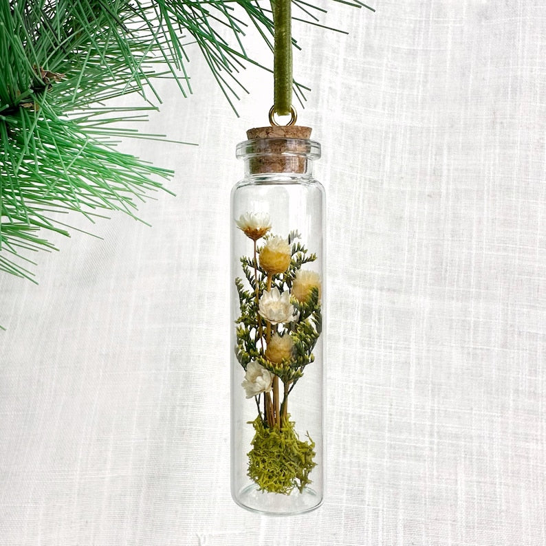 Mushroom Terrarium Glass Christmas Ornament with Real Dried Florals and Mosses