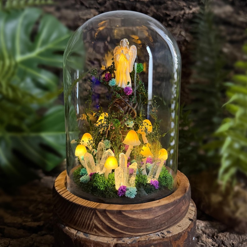 Angel Mushroom Night Light with Glass Dome, Wooden Base, LED Fairy Tale Table Lamp for Bedroom Decor, Standard or Large