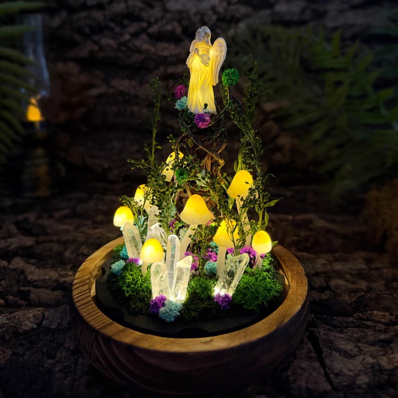Angel Mushroom Night Light with Glass Dome, Wooden Base, LED Fairy Tale Table Lamp for Bedroom Decor, Standard or Large