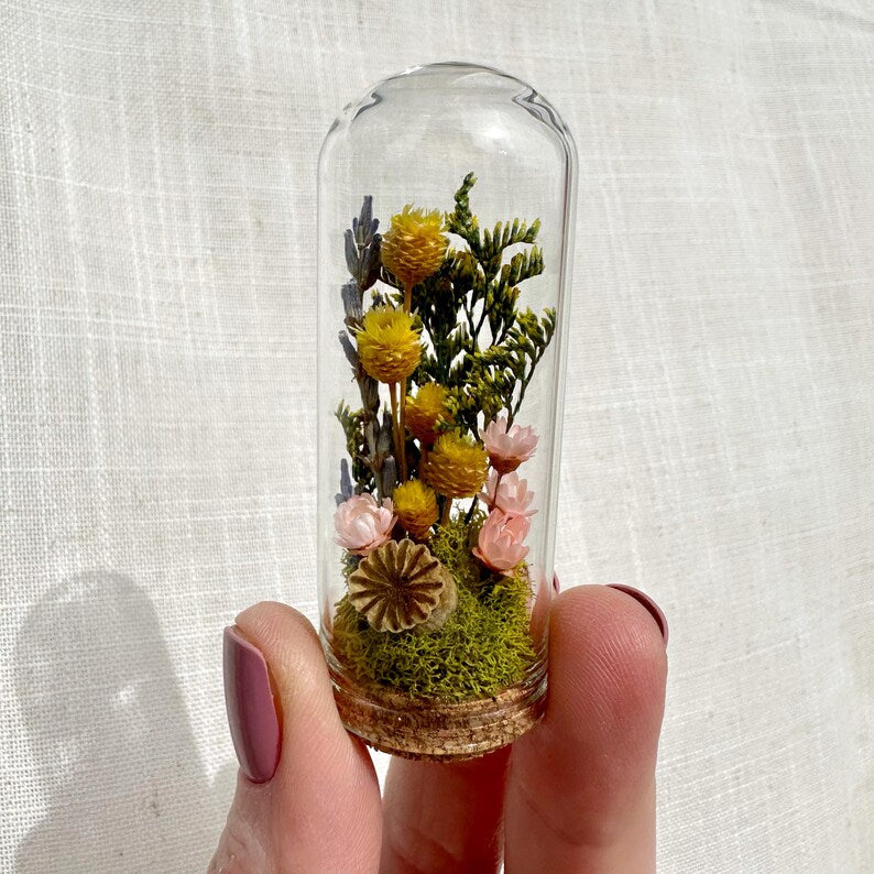 Blue Glass Cloche Terrarium with Real Moss and White Dried Flowers, 1.75" and 2.75" Heights