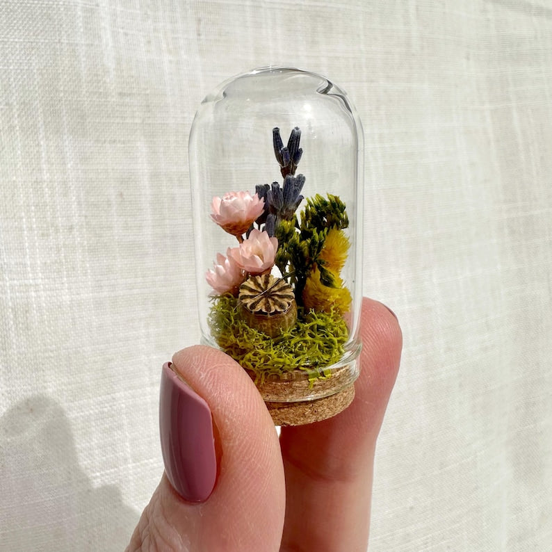 Mini Glass Cloche Terrarium with Real Mosses and Dried Lavender Flowers, 1.75" and 2.75" Tall