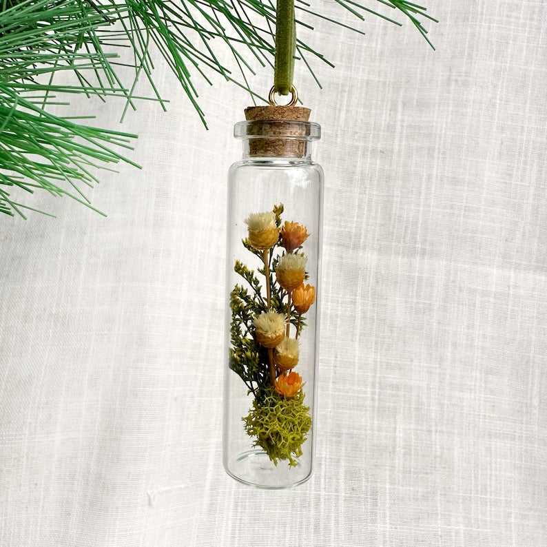 Mushroom Terrarium Glass Christmas Ornament with Real Dried Florals and Mosses