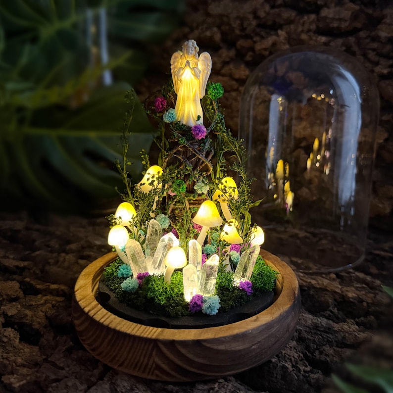 Angel Mushroom Night Light with Glass Dome, Wooden Base, LED Fairy Tale Table Lamp for Bedroom Decor, Standard or Large