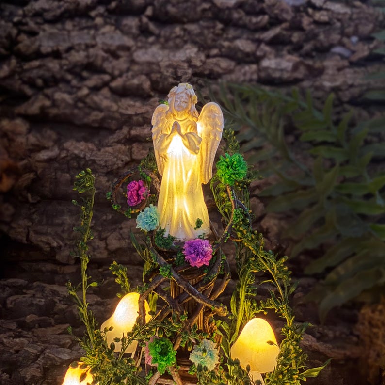 Angel Mushroom Night Light with Glass Dome, Wooden Base, LED Fairy Tale Table Lamp for Bedroom Decor, Standard or Large
