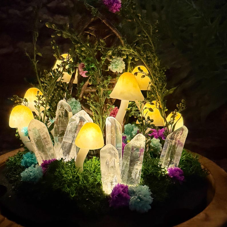 Angel Mushroom Night Light with Glass Dome, Wooden Base, LED Fairy Tale Table Lamp for Bedroom Decor, Standard or Large