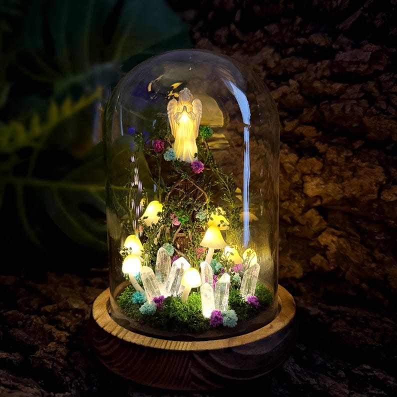 Angel Mushroom Night Light with Glass Dome, Wooden Base, LED Fairy Tale Table Lamp for Bedroom Decor, Standard or Large