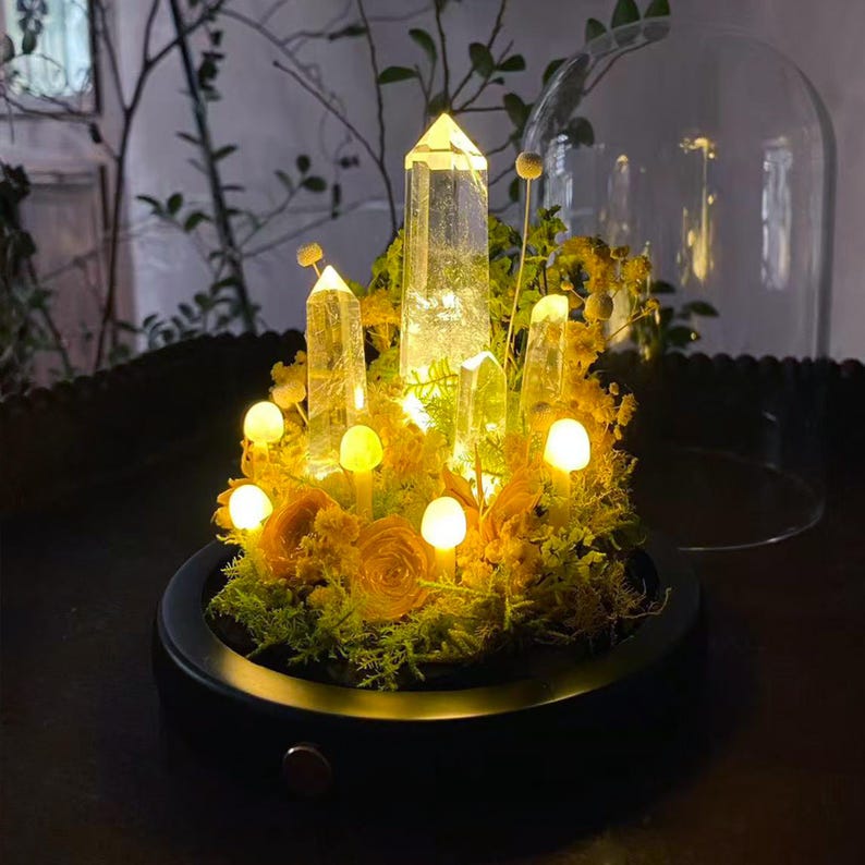 Clear Quartz Crystal Mushroom Night Light with Wooden Base, USB/Battery LED Lamp, 17 cm