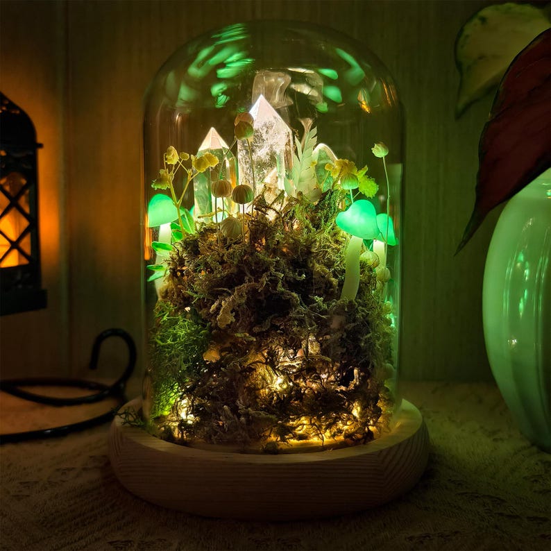 Green Mushroom Crystal Lamp LED Night Light with Wooden Base, Glass Dome, 12cm Diameter, 17.5cm Height