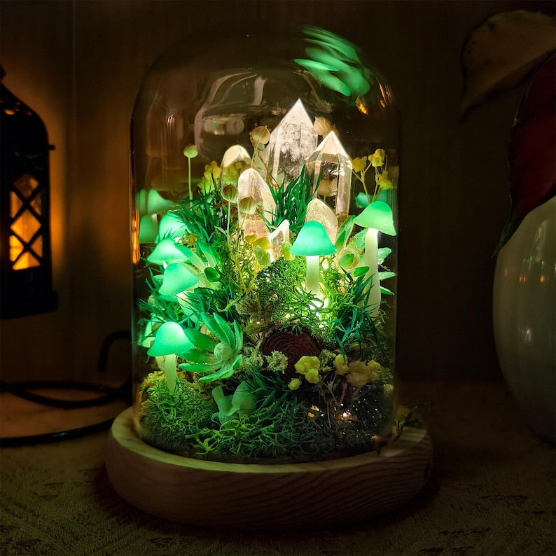 Green Mushroom Crystal Lamp LED Night Light with Wooden Base, Glass Dome, 12cm Diameter, 17.5cm Height