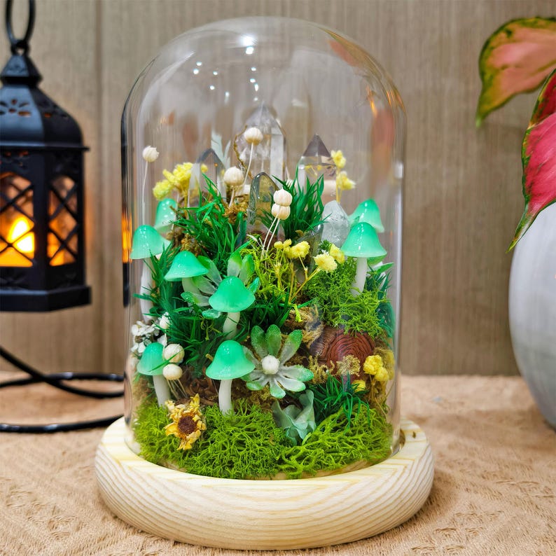 Green Mushroom Crystal Lamp LED Night Light with Wooden Base, Glass Dome, 12cm Diameter, 17.5cm Height