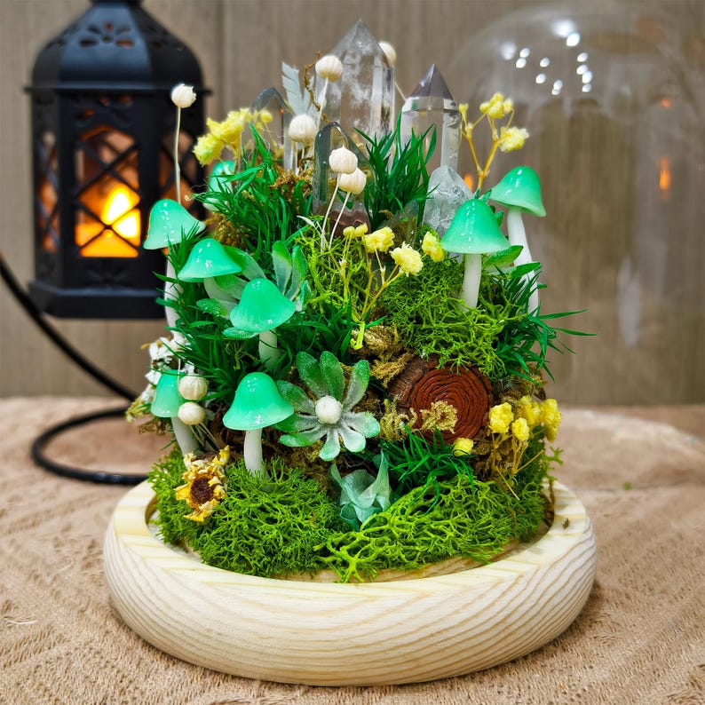 Green Mushroom Crystal Lamp LED Night Light with Wooden Base, Glass Dome, 12cm Diameter, 17.5cm Height