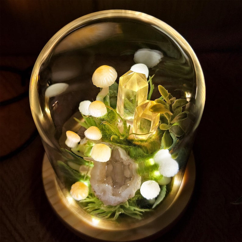 Yellow Quartz & Citrine Mushroom Glass Dome Night Light – LED Desk Lamp with Wooden Base, 12cm Diameter, 17.5cm Height