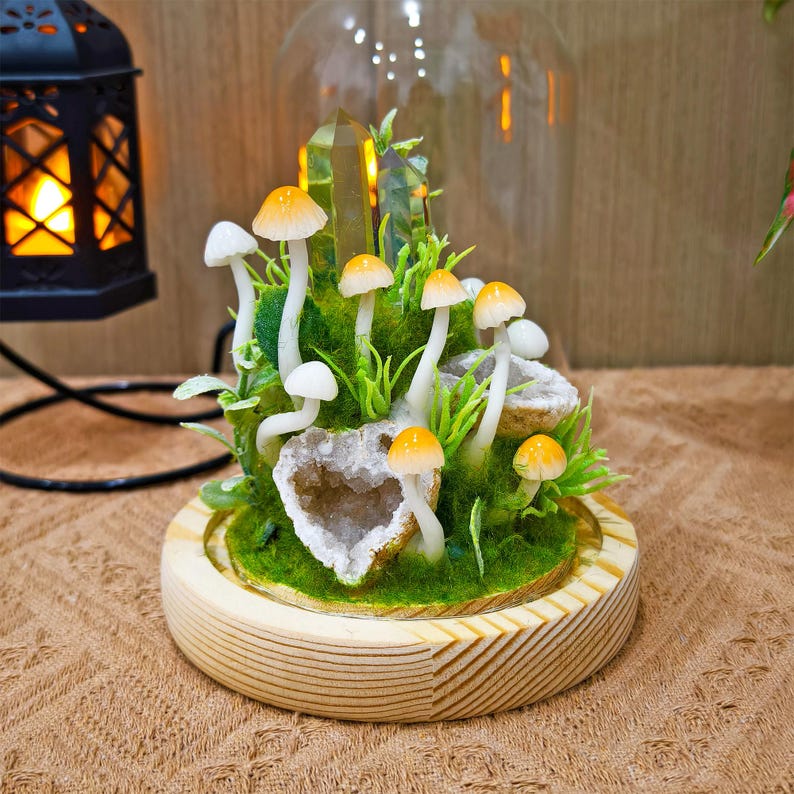 Yellow Quartz & Citrine Mushroom Glass Dome Night Light – LED Desk Lamp with Wooden Base, 12cm Diameter, 17.5cm Height