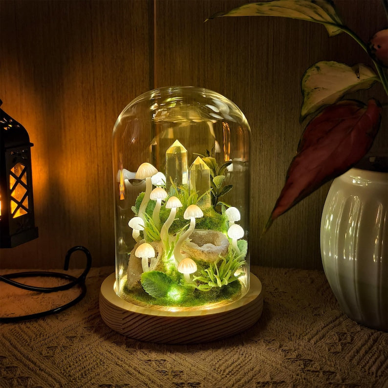 Yellow Quartz & Citrine Mushroom Glass Dome Night Light – LED Desk Lamp with Wooden Base, 12cm Diameter, 17.5cm Height