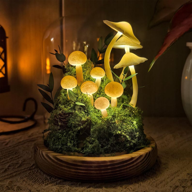LED Mushroom Lamp Glass Dome Wooden Base Battery or USB Powered 12cm Diameter 17.5cm Height