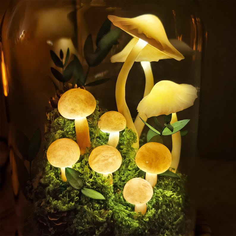 LED Mushroom Lamp Glass Dome Wooden Base Battery or USB Powered 12cm Diameter 17.5cm Height