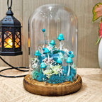 Blue Mushroom Crystal Lamp with Miniature Deer, LED Night Light, Wooden Base, 12cm Diameter, 17.5cm Height