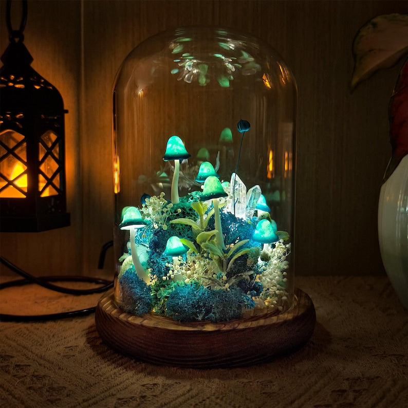 Blue Mushroom Crystal Lamp with Miniature Deer, LED Night Light, Wooden Base, 12cm Diameter, 17.5cm Height