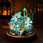 Blue Mushroom Crystal Lamp with Miniature Deer, LED Night Light, Wooden Base, 12cm Diameter, 17.5cm Height