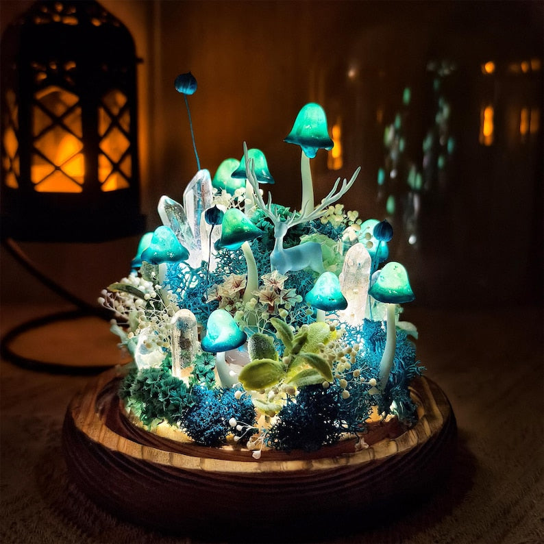 Blue Mushroom Crystal Lamp with Miniature Deer, LED Night Light, Wooden Base, 12cm Diameter, 17.5cm Height