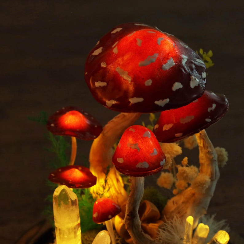 Red Mushroom LED Night Light with White Dots, Clear Quartz Crystals, and Gnome Figurine, Battery or USB Powered