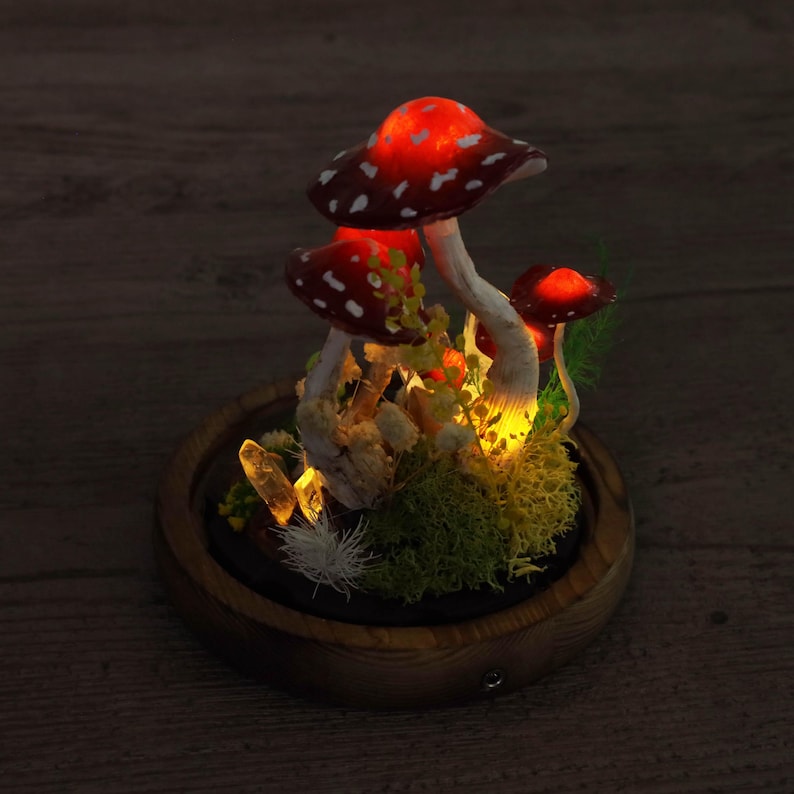Red Mushroom LED Night Light with White Dots, Clear Quartz Crystals, and Gnome Figurine, Battery or USB Powered