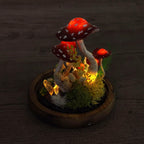 Red Mushroom LED Night Light with White Dots, Clear Quartz Crystals, and Gnome Figurine, Battery or USB Powered