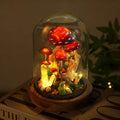 Red Mushroom LED Night Light with White Dots, Clear Quartz Crystals, and Gnome Figurine, Battery or USB Powered
