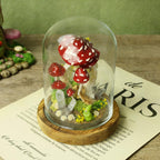 Red Mushroom LED Night Light with White Dots, Clear Quartz Crystals, and Gnome Figurine, Battery or USB Powered