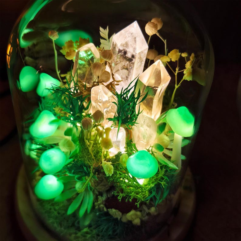Green Mushroom Crystal Lamp LED Night Light with Wooden Base, Glass Dome, 12cm Diameter, 17.5cm Height