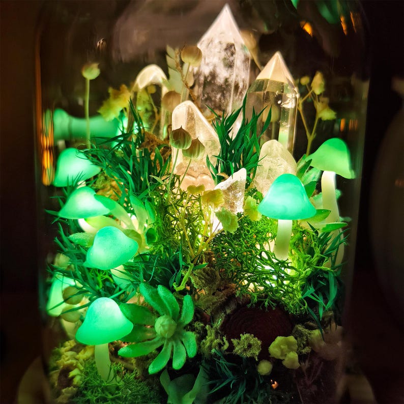 Green Mushroom Crystal Lamp LED Night Light with Wooden Base, Glass Dome, 12cm Diameter, 17.5cm Height
