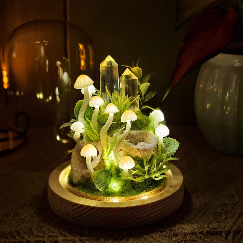Yellow Quartz & Citrine Mushroom Glass Dome Night Light – LED Desk Lamp with Wooden Base, 12cm Diameter, 17.5cm Height