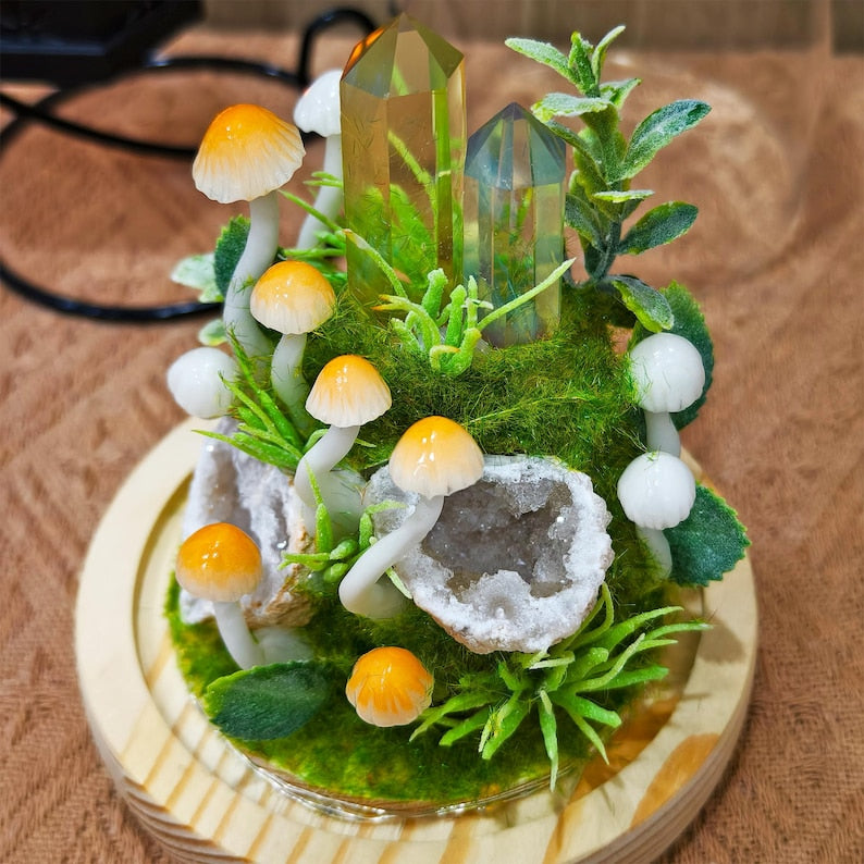 Yellow Quartz & Citrine Mushroom Glass Dome Night Light – LED Desk Lamp with Wooden Base, 12cm Diameter, 17.5cm Height