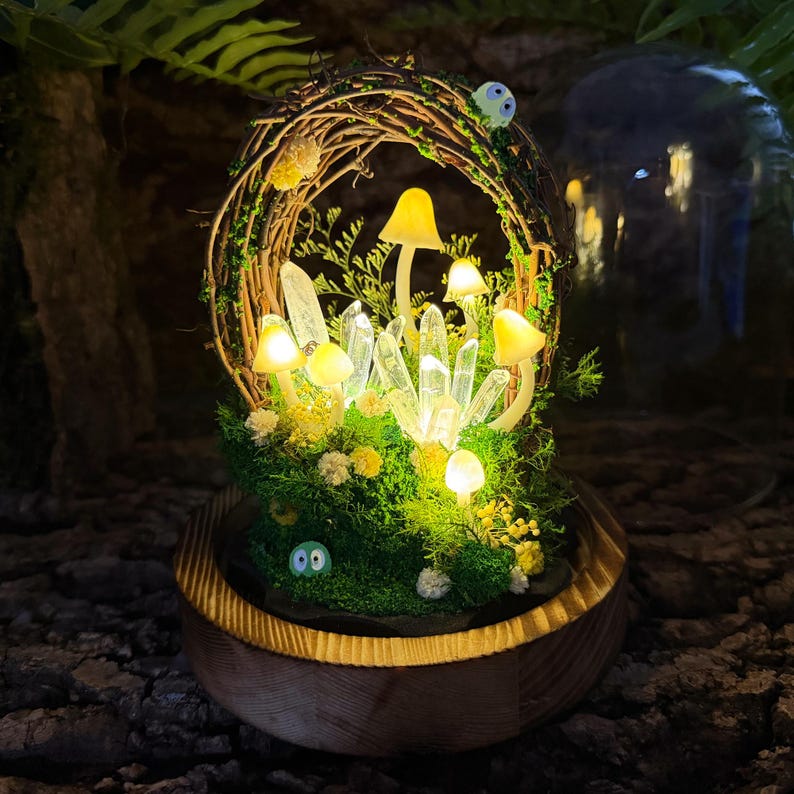 Yellow Mushroom Lamp with Glowing Crystal Cluster, Handmade LED Night Light, Wooden Base & Glass Dome, Standard and Large Sizes