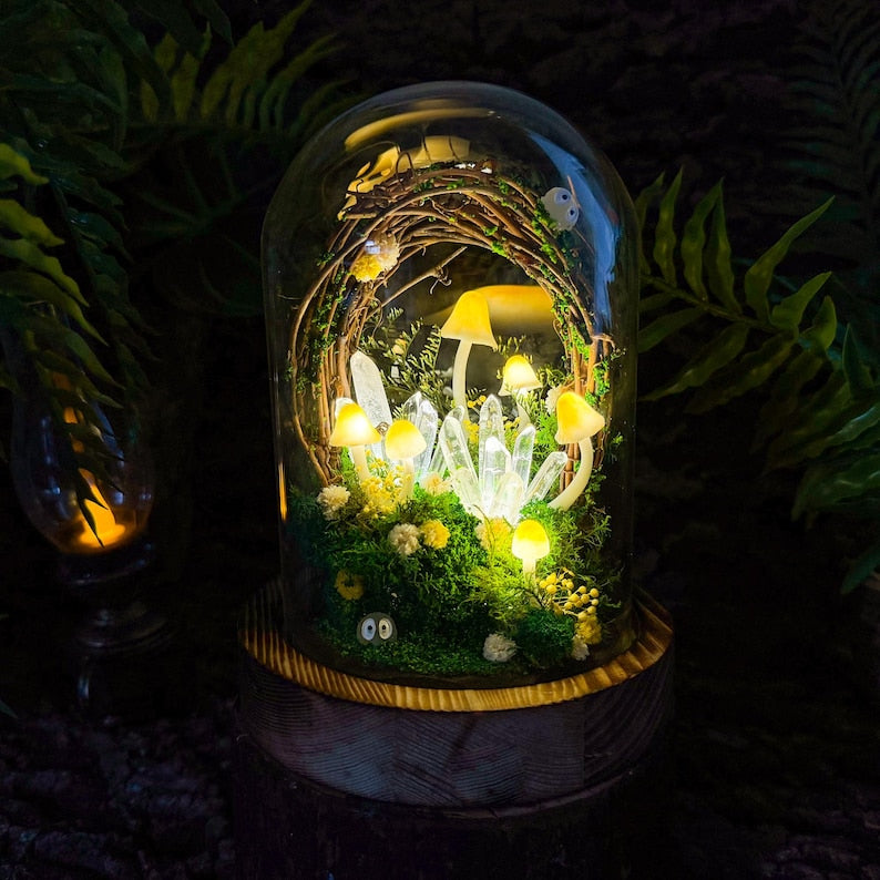 Yellow Mushroom Lamp with Glowing Crystal Cluster, Handmade LED Night Light, Wooden Base & Glass Dome, Standard and Large Sizes